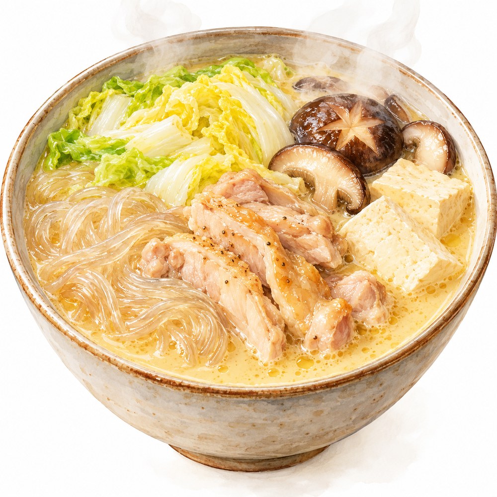 鶏肉・白菜・豆腐・しいたけ・春雨を合わせた鶏白湯マーラータンの水彩イラスト
