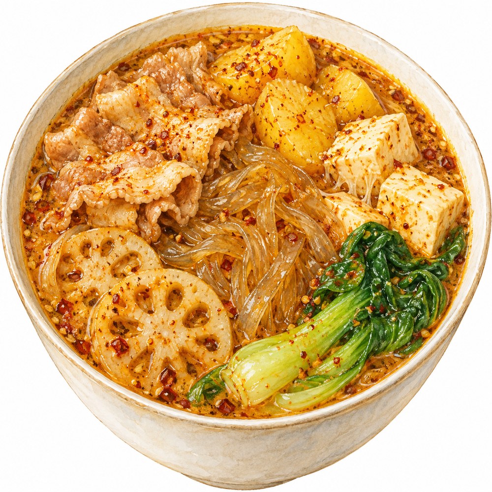 豚肉・じゃがいも・豆腐・青菜・れんこんを合わせたカレーマーラータンの水彩イラスト