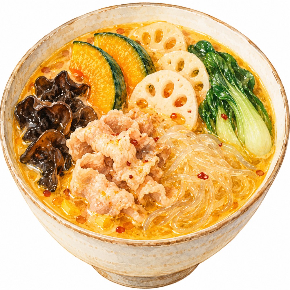 豚肉・かぼちゃ・れんこん・青菜・きくらげを合わせた金湯マーラータンの水彩イラスト