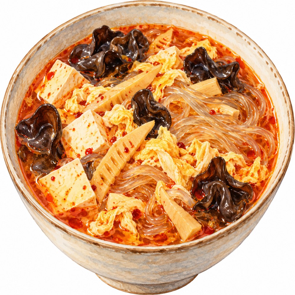 きくらげ・豆腐・卵・たけのこ・春雨を合わせた酸辣湯マーラータンの水彩イラスト