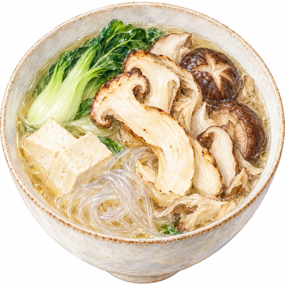松茸・しいたけ・青菜・豆腐・春雨を合わせた松茸マーラータンの水彩イラスト