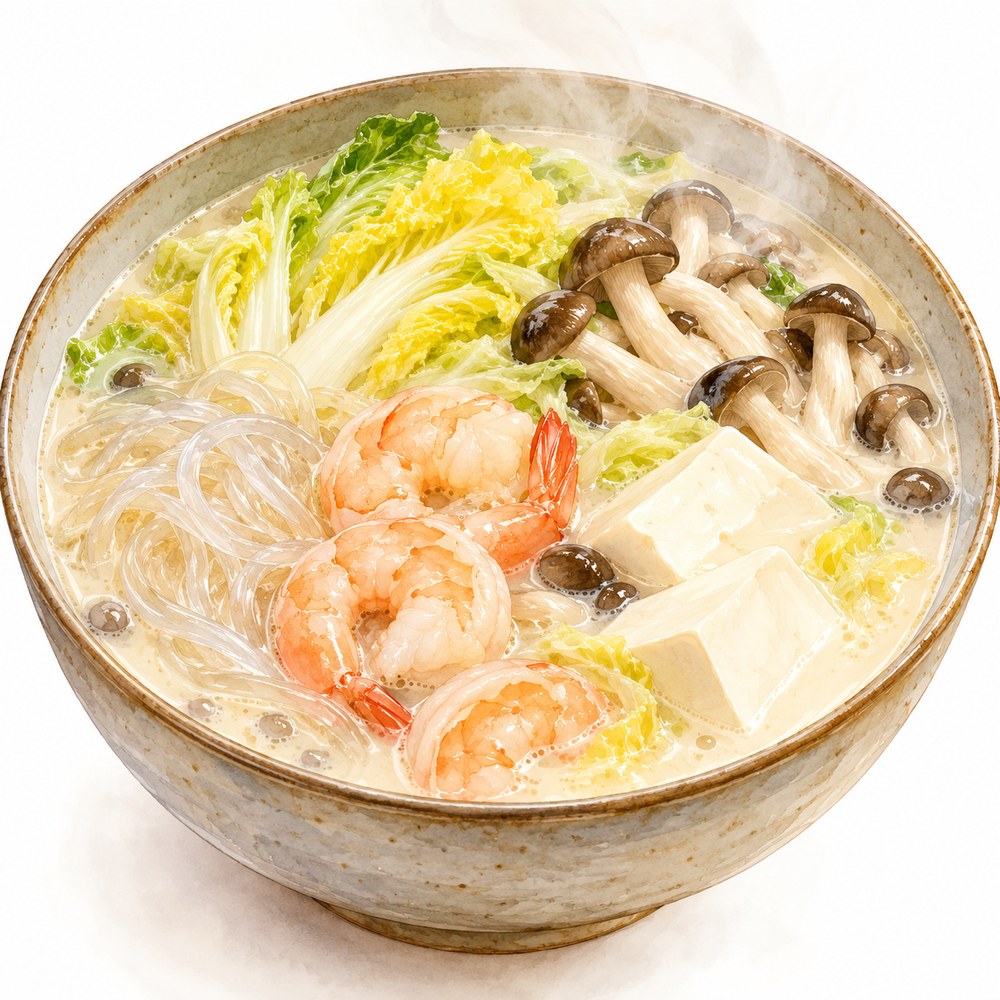 豆腐・白菜・えび・きのこを合わせた白湯マーラータンの水彩イラスト