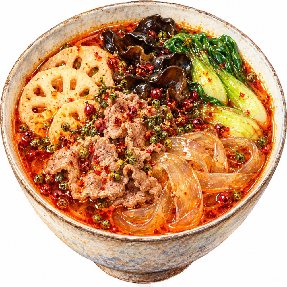牛肉・れんこん・きくらげ・青菜・板春雨を合わせた花椒系マーラータンの水彩イラスト