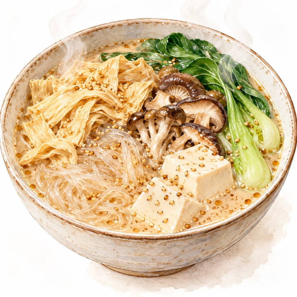 湯葉・豆腐・きのこ・青菜を合わせたごまスープのマーラータンの水彩イラスト
