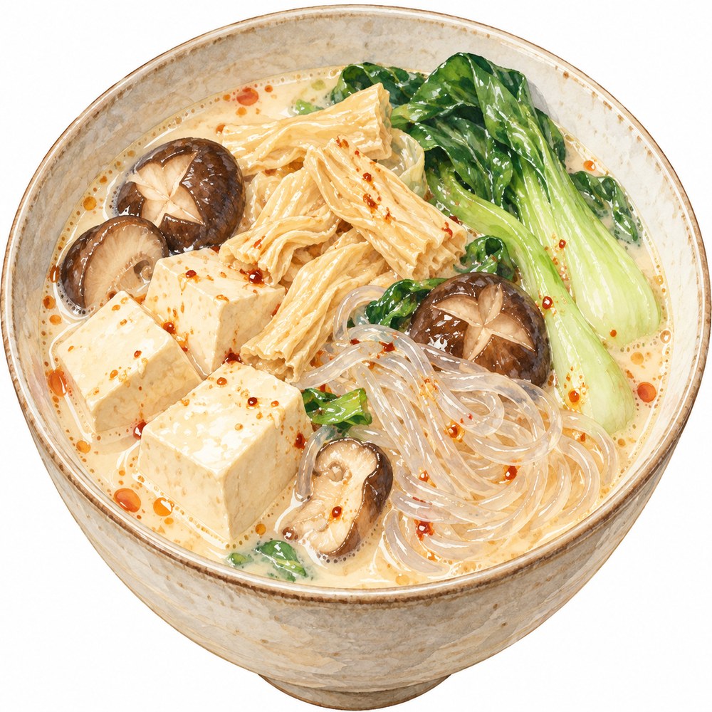 豆腐・湯葉・しいたけ・青菜・春雨を合わせた豆乳マーラータンの水彩イラスト