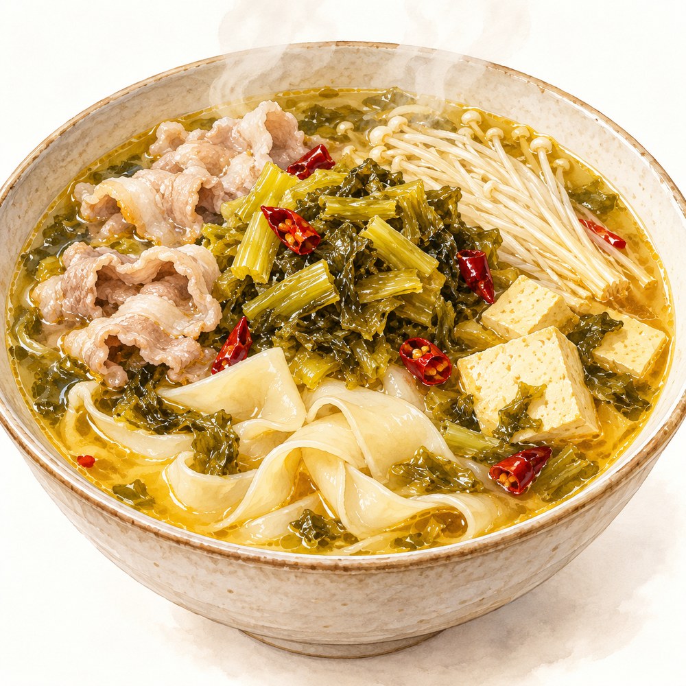 酸菜・豚肉・豆腐・えのき・板春雨を合わせた酸菜マーラータンの水彩イラスト