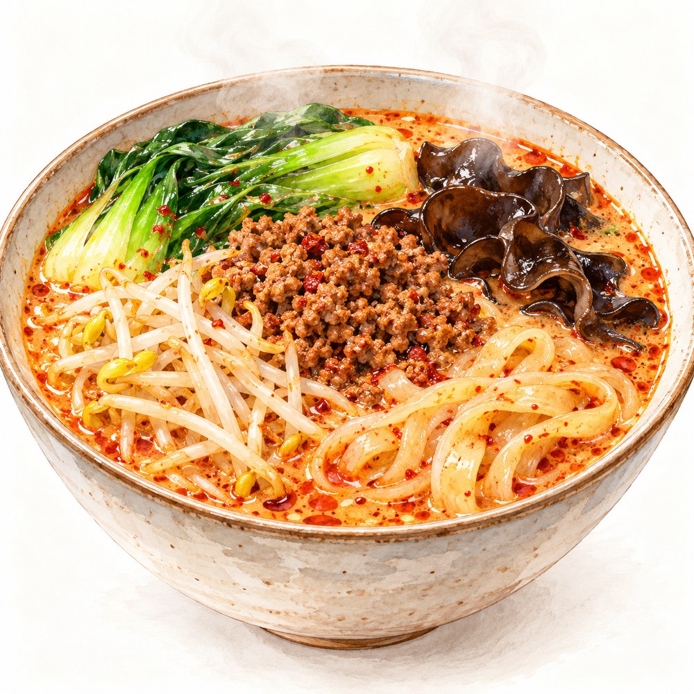 ひき肉・もやし・青菜・きくらげを合わせた担々マーラータンの水彩イラスト