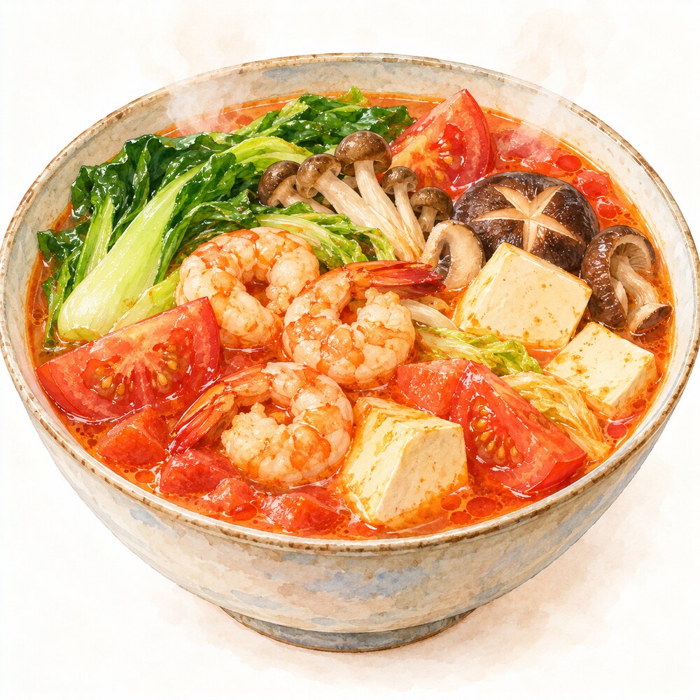 トマト・えび・青菜・きのこ・豆腐を合わせたマーラータンの水彩イラスト
