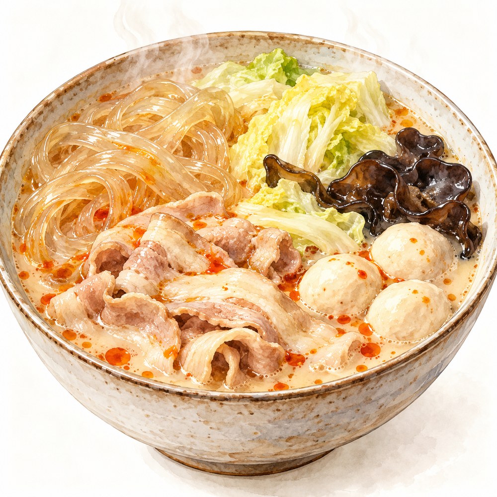 豚バラ肉・板春雨・白菜・きくらげ・肉団子を合わせた豚骨マーラータンの水彩イラスト