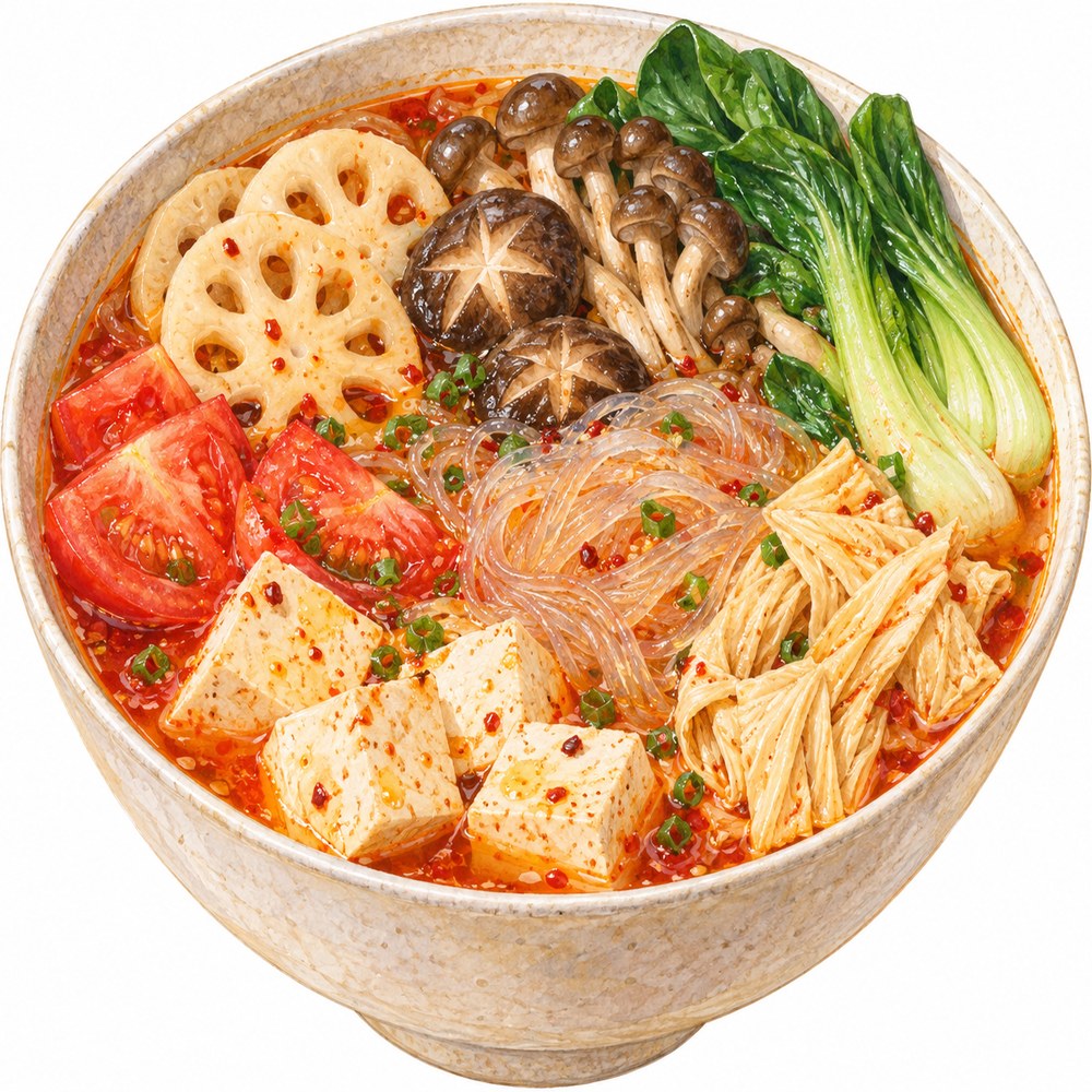 豆腐・湯葉・れんこん・きのこ・トマト・青菜を合わせたヴィーガンマーラータンの水彩イラスト